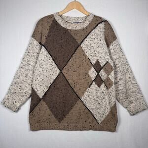 Vintage Accordeon Argyle Pattern Pullover Knit Sweater Granny Cottagecore Large